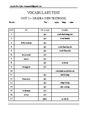Đề kiểm tra từ vựng Unit 11 môn Tiếng Anh Lớp 6 - Nguyễn Thu Ngân